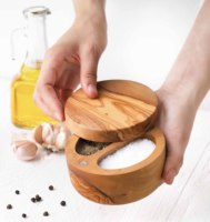 Boîte à épices ArtisRaw artisanale en bois d'olivier à double compartiment, écologique, avec couvercle magnétique, salière poivrière, herbe aromatique, lavable à la main