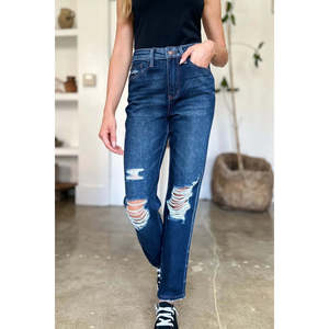 Jeans Judy Blue a Vita Alta, Modello Rigido Magic Heavy Destroy, Gamba Dritta, Denim a Taglia Intera con Decorazione Unica a Fori - Product Image 1