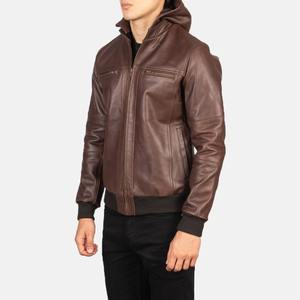 Blouson d'aviateur en cuir de haute qualité pour hommes avec manches longues poches zippées col montant logo avant toile style formel pour le printemps - Product Image 5