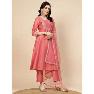 Kurta y Pantalones Anarkali de Satén Color Durazno para Mujer con Bordado de Espejo y Dupatta - Product Image 1