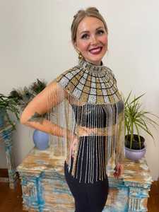 Elegante cuello en V sujeta respetuoso con el medio ambiente Cachemira Burlesque capa con cuentas lentejuelas hermosa silueta recta vestido festivo para Club - Product Image 5