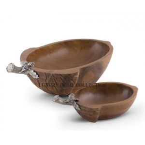 Único cuenco de madera tallado a mano perfecto para servir frutas o ensaladas con mango de metal un toque rústico pero sofisticado - Product Image 4