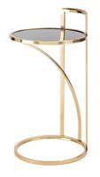 Table basse de salon de luxe au design moderne, avec base en marbre antique, rangement latéral en métal doré et plateau rond noir.