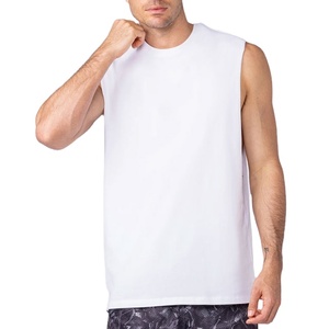 Camiseta sin mangas con corte lateral, lisa, larga, de cuello redondo, tejido de algodón de 220 g/m², de punto grueso, para verano, para culturismo - Product Image 1