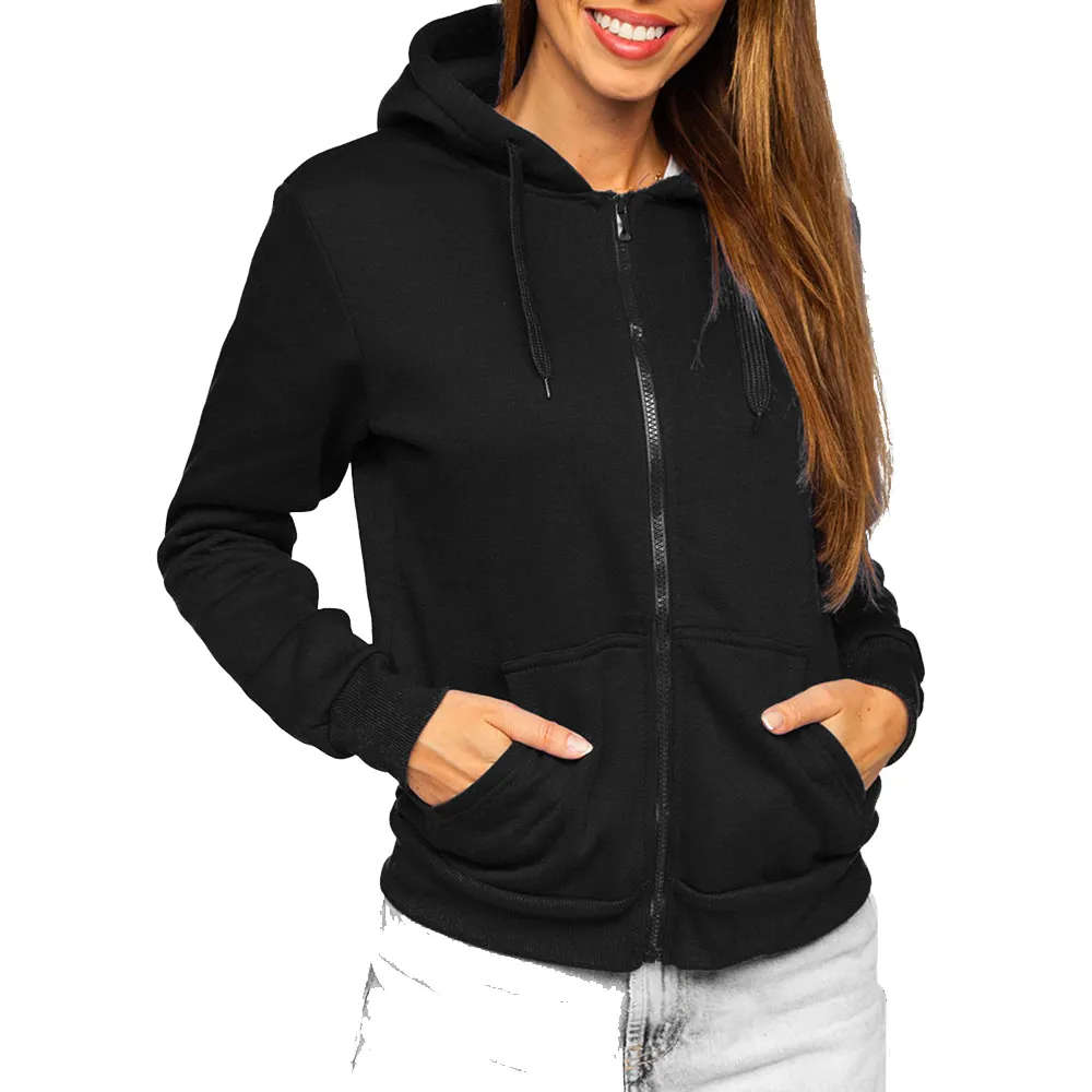 Dây Kéo Màu Đen Womens Bông Polyester Lông Cừu Phụ Nữ Trống Jumper Áo Nỉ Phụ Nữ Hoodies Và Jogger Thiết Lập OEM