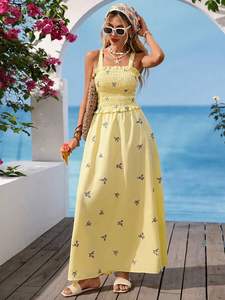 Robe longue élégante pour femme, manches courtes, 100% coton, taille naturelle, broderie simple, décontractée, pour l'extérieur, tissée, lavable, avec poches - Product Image 5