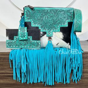 ชุดสองชิ้นแฟชั่นที่สง่างามใหม่สำหรับผู้หญิงกระเป๋าพาดลำตัวหนังวัวประดับด้วยพู่ห้อยกระเป๋าคลัทช์ยาวสองชิ้น - Product Image 1