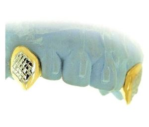 Personnalisé 2X2 Fine Incisive Diamant-Poussière Canine Double Caps 14k Jaune Blanc 14k Or Massif Grillz Bijoux de Corps pour Cadeau - Product Image 1