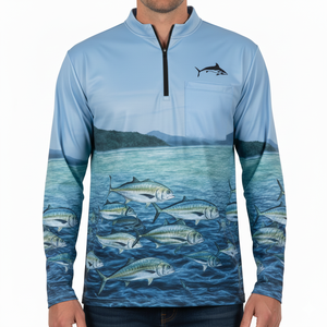 Camisetas de Pesca Personalizadas al por Mayor con Logotipo, Manga Larga, Sublimadas, UPF+50, Secado Rápido, Transpirables, con Cierre de 1/4, Spandex/Poliéster 180g, para Hombre - Product Image 1