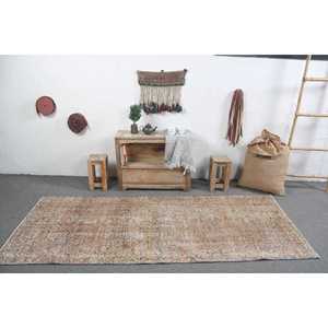 3.4x8.2 ft Area Turkish Vintage Rug, <b>Brown</b> Floral <b>Wool</b> Rug - Product Image 3