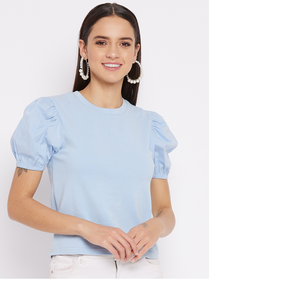 Custom Made Cotton Rib Half Sleeve Top with <b>Neck</b> Camric Puffed Knitted Fabric Front Logo for Boutique Clients Garment Resellers - Product Image 1