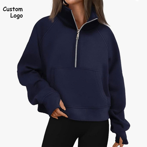 Sweat-shirt à capuche court à demi-zip pour femme, chaud, manches longues, logo sur le devant, pour l'hiver - Product Image 4