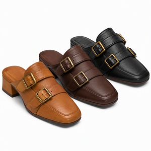 Mules de Cuero Genuino para Mujer, Punta Cerrada, Doble Hebilla, Tacón Bajo, Estilo Casual para Oficina - Product Image 1