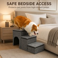 Escalier pour animaux de compagnie 3-en-1 détachable, tanière de rangement pour chat, rampe pliable pour chien (tissu en lin + panneau MDF) avec capacité de 150 lb