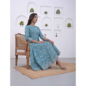 Blue Cotton Anarkali <b>Kurta</b> Pant Set Printed Pakistani Style Indian Ethnic Wear for <b>Women</b> for Party Wear - Product Image 6