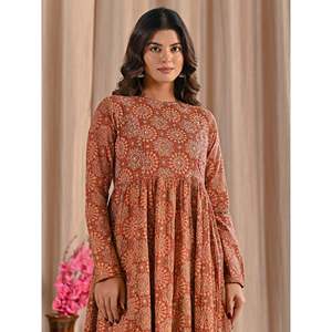 Vestido Anarkali de algodón rojo estampado a mano, estilo pakistaní, traje indio Lehenga Choli Salwar Choli, hecho de georgette. - Product Image 1