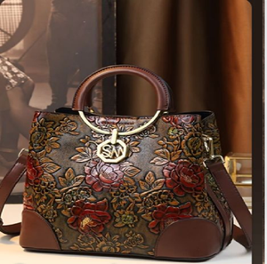 Vintage-<b>wash</b> taupe leather satchel with intricate 3D rose carvings. Timeless. Available at wholesale prices. - Product Image 2