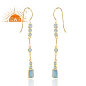 Dernière vente en laiton plaqué or 18 carats Aqua calcédoine pierre précieuse balancent boucle d'oreille Demi bijoux fins pour les femmes cadeau pour elle - Product Image 3