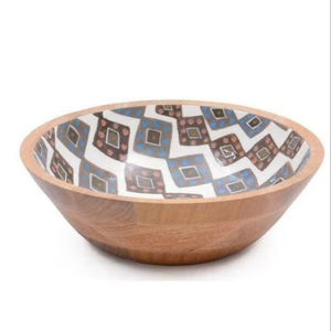 Cuenco de madera redondo tradicional para servir comida y ensalada, cuenco para servir, utensilios de cocina con estampado esmaltado, cuencos para servir - Product Image 1