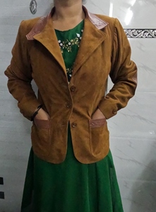 Automne femmes veste en peau de mouton à double boutonnage vert daim uni teint motif solide coupe-vent bouton printemps hiver doublure en soie - Product Image 3