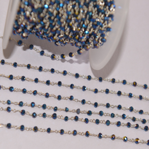 Chaîne de chapelet en perles de verre pyrite bleue plaquée argent de 3 mm, faite à la main, enveloppée de fil, pour la fabrication de bijoux, bracelets et colliers - Product Image 1