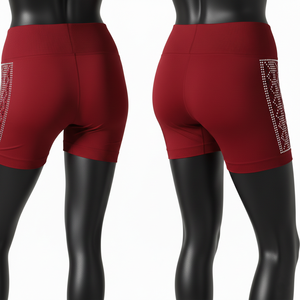 กางเกงขาสั้นสีแดงพรีเมียม 230 GSM ผ้าโพลีเอสเตอร์ผสมสแปนเด็กซ์ เอวไขว้แบบริบบิ้น แต่งแถบเพชร พร้อมโลโก้สั่งทำ - Product Image 5