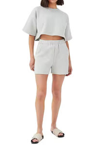 Señoras de manga corta Crop Top Sudadera Streetwear Moda Drop Shoulder Cropped Top Set Oversize 100% Algodón - Product Image 3