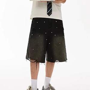 Rhinestone Baggy <b>Jeans</b> Shorts <b>Wide</b> <b>Leg</b> Washed Denim Shorts Grunge Ripped Hip Hop Street wear - Product Image 4