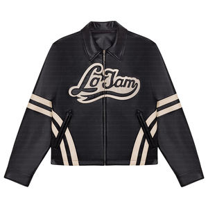 Chaquetas de cuero PU a prueba de viento con cuello levantado y capucha Retro Vintage High Street con logotipo bordado con cremallera a la moda personalizada para hombres - Product Image 4