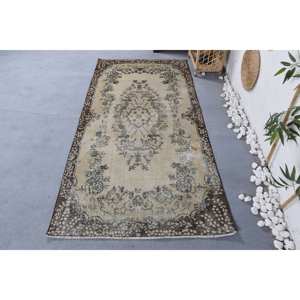 Tapis Vintage en Laine Beige Marron Patchwork Design Fait Main Rectangulaire Latex pour Teen Living 3.5ft X 7ft Bambou Soie Polyester - Product Image 1