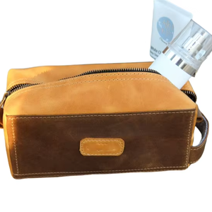 Trousse de toilette en cuir véritable de style vintage pour hommes, sac cosmétique de voyage pour maquilleur, sac à fermeture éclair, logo personnalisé de beauté professionnelle - Product Image 1