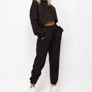 Trendy Women's Casual Activewear Sportswear Outfit 100% Cotton Breathable Sets Solid Color Hoodie Crop <b>Top</b> Sweatpants Track - Product Image 6