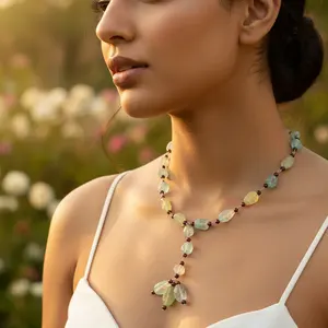 Aquamarine Zircon Beaded Necklace for Women Handmade <b>Rose</b> <b>Gold</b> with Rhodium Plating Trendy Strand <b>Chain</b> for Wedding or Gift - Product Image 1