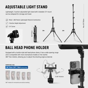 Kit d'éclairage vidéo <span class=keywords><strong>LED</strong></span> NEEWER 2 Pack avec 2 supports de 59''/150cm et 2 supports pour téléphone, 850lx/0.5m Bi-couleur 2700-6500K - Product Image 6