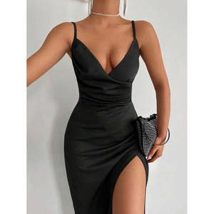 Vestido de Crepé con Tirantes y Cuello Cruzado para Mujer de Jane's, con Detalle de Abertura, Elegante Vestido Maxi sin Mangas para Fiestas Nocturnas y Uso Casual - Product Image 3