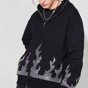 High Street Dark Style Sudaderas con capucha para hombre Nuevos productos Algodón pesado Letras con cuentas de gran tamaño Bordado personalizado Rhinestone Negro - Product Image 2