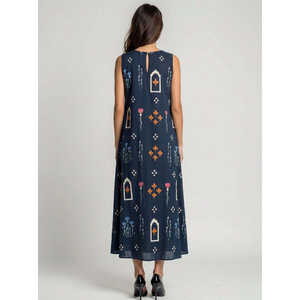 Vestido Midi A-Line de Algodón 100% Jaipur Navy con Elegante Estampado a Bloques y Bordado para Mujer, Tallas XS-5XL, Ideal para Fiestas y Salidas Nocturnas - Product Image 4