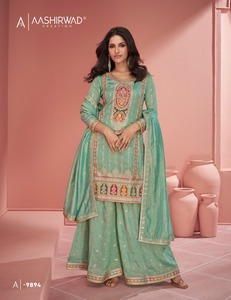 Latest Designer <b>Organza</b> <b>Silk</b> Embroidery Sequence Work Sharara Suit by Fab Zone - Product Image 3