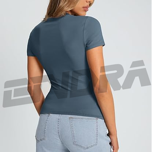 เสื้อยืดสีฟ้าคอกลมแขนสั้นผ้าฝ้ายนุ่มทรงสลิมฟิตลำลองสำหรับผู้หญิงเสื้อผ้าแฟชั่นฤดูร้อน2025เทรนด์ใหม่ - Product Image 4