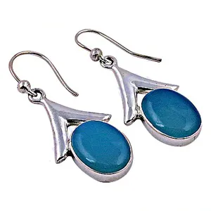 925 <b>Silver</b> Rhodium Plated <b>Earrings</b> with Blue Chalcedony Bezel Setting Religious Style Anniversary Gift Jewelry for Women - Product Image 2