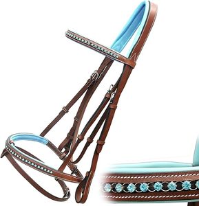 Bride sur Muserolle Snaffle avec Baby Blue Soft Rembourré en cuir Jumping Flash Bridle Rubber Rein Bling Bridle - Product Image 1
