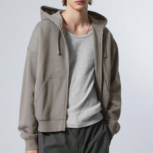 Sweat à capuche personnalisé en gros 2025 pour hommes, en molleton français uni, court, 100% coton, respirant, broderie, fermeture éclair avec logo - Product Image 3