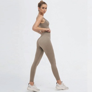 Leggings de yoga taille haute sans couture longueur intégrale couleur moutarde unie pour femme – Pantalon de sport extensible et respirant en Spandex/Polyester pour le fitness - Product Image 5