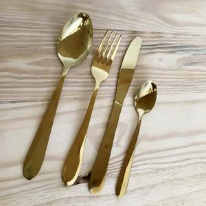 Unique Flat Design Handle <b>Gold</b> <b>Mirror</b> Polished Wedding Set Simplicity Design Stainless Steel Fork Spoon Cutlery Set - Product Image 1