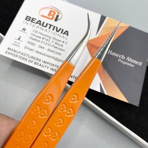Best Selling Custom Logo Stainless Steel <b>Eyelash</b> Extension Tweezers Sustainable Eco-Friendly Orange Coated Pointed Tip - Product Image 1