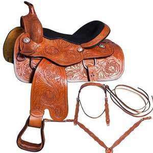 Sillas de caballo de cuero genuino de calidad superior Juego de tachuelas de caballo a juego de barril de carreras occidentales e inglesas - Product Image 1