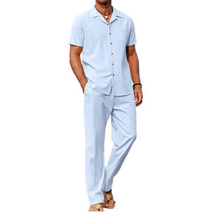 Conjunto de Pantalón y Camisa Formal de 2 Piezas para Hombre, Color Azul Claro, Transpirable, Estilo Playero, con Botones, Cierre de Botones - Product Image 1