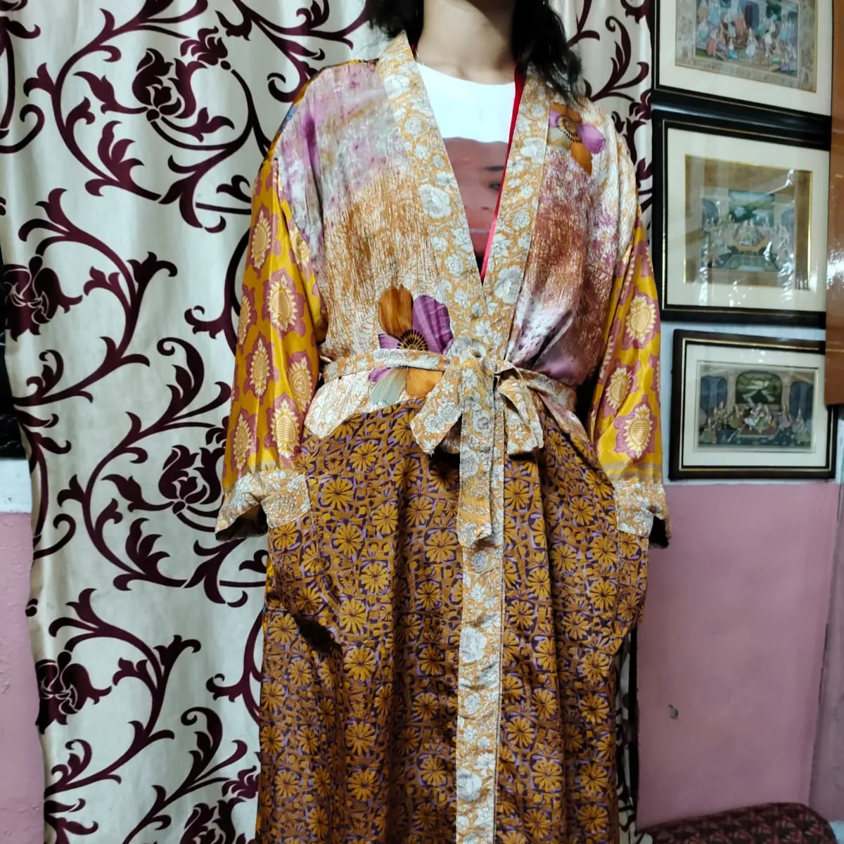 Sari Silk Vintage Kimono Dress, New silk fashion saree kimono model dresses Women' s boho silk and saree fancy modern