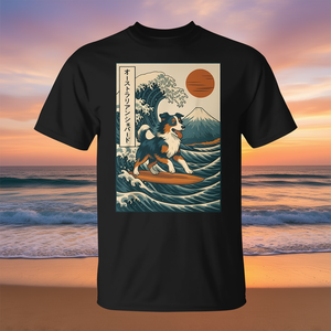 เสื้อยืดลายพิมพ์ดิจิทัลออสเตรเลียนเชพเพิร์ดโต้คลื่นญี่ปุ่น คอกลม แขนสั้น สำหรับผู้ใหญ่ ใส่ได้ทั้งชายและหญิง เสื้อผ้าส่งเสริมการขาย - Product Image 4