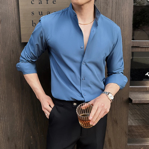 2025 primavera nuevo estilo de gama alta camisa con cuello levantado para hombre de manga larga elástica adelgazante Top camisa de vestir social para hombres - Product Image 4